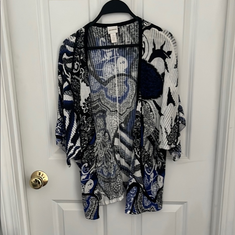 Like New!! Chico’s Size 1 Blue and Black Artistic Cardigan Sweater Dolman Sleeve